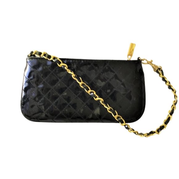 Mini Black Patent Leather Quilted Chain Strap Wristlet - Picture 6 of 7